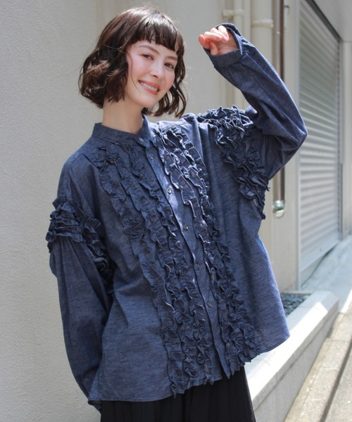 H.A.K（ハク）の「ブラッシュドツイル　フリルブラウス（シャツ/ブラウス・レディース・ブルー/ネイビー・FREE）」の2枚目の写真