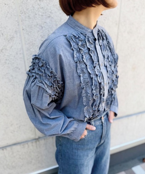 セール】ブラッシュドツイル フリルブラウス（シャツ/ブラウス