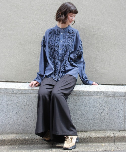 H.A.K（ハク）の「ブラッシュドツイル　フリルブラウス（シャツ/ブラウス・レディース・ブルー/ネイビー・FREE）」の5枚目の写真