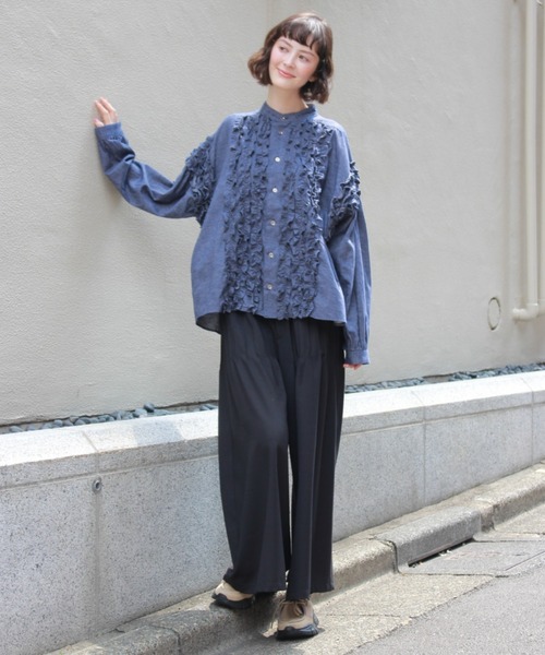 H.A.K（ハク）の「ブラッシュドツイル　フリルブラウス（シャツ/ブラウス・レディース・ブルー/ネイビー・FREE）」の6枚目の写真