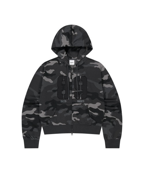 MAHAGRID(マハグリッド)の「『mahagrid/マハグリッド』 Camo Applique Cropped Zip-Up Hoodie/カモフラージュ短丈ジップアップパーカー(パーカー・レディース・ブラック/グリーン/グレー・FREE)」の2枚目の写真