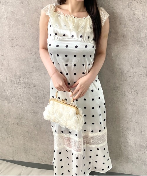 ハンドメイド★サテンレース♡ドットワンピース★ぬいば♡ストラップ用。パルパルーザ セール】【2026春夏新作】ドットレースバックオープンロングワンピース