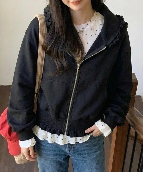 yuue' ( wear )（ユーイ）の「フリルジップフーディーパーカー/冷房対策（パーカー・レディース・ピンク/グレー/ブラック・FREE）」の2枚目の写真