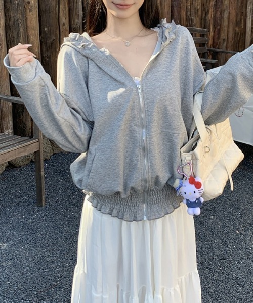 yuue' ( wear )（ユーイ）の「フリルジップフーディーパーカー/冷房対策（パーカー・レディース・ピンク/グレー/ブラック・FREE）」の5枚目の写真