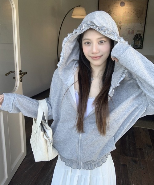 yuue' ( wear )（ユーイ）の「フリルジップフーディーパーカー/冷房対策（パーカー・レディース・ピンク/グレー/ブラック・FREE）」の7枚目の写真