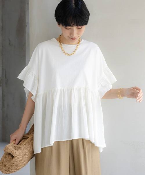 Elura（エルーラ）の「異素材切り替えフリルプルオーバー/621795（Tシャツ/カットソー・レディース・ブラウン/オフホワイト/ブラック・FREE）」の2枚目の写真