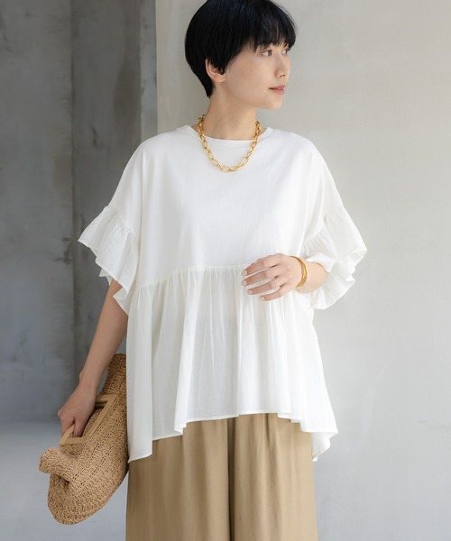 Elura（エルーラ）の「異素材切り替えフリルプルオーバー/621795（Tシャツ/カットソー・レディース・ブラウン/オフホワイト/ブラック・FREE）」の4枚目の写真