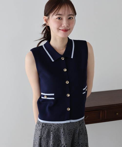 BLUEEAST（ブルーイースト）の「ゴールドボタンノースリーブポロニット（ニット/セーター・レディース・ネイビー/アイボリー/グレー・MEDIUM）」の14枚目の写真