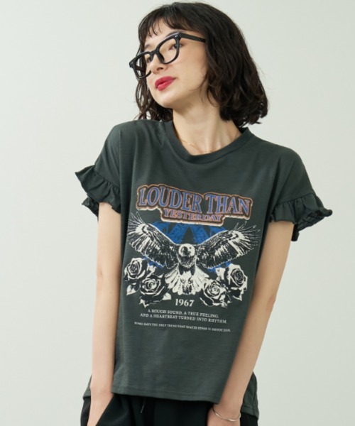 セール】袖フリル ロックプリントTシャツ（Tシャツ/カットソー
