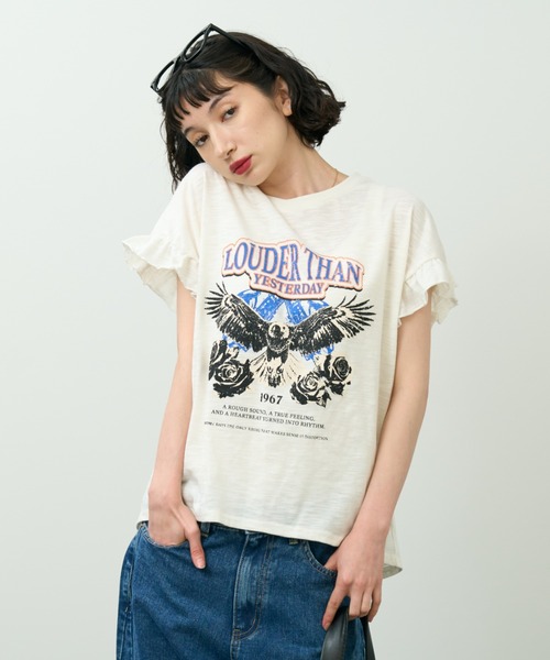 A.D.C.L.(エーディーシーエル)の「袖フリル ロックプリントTシャツ(Tシャツ/カットソー・レディース・オフホワイト/チャコールグレー・M/L)」の6枚目の写真