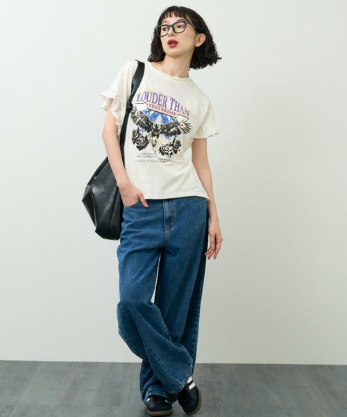 A.D.C.L.(エーディーシーエル)の「袖フリル ロックプリントTシャツ(Tシャツ/カットソー・レディース・オフホワイト/チャコールグレー・M/L)」の16枚目の写真