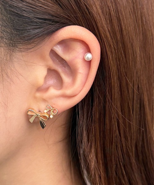 Peony（ピオニー）の「【Peony/ピオニー】チェリー＆リボン　パールモチーフピアスセット（ピアス（両耳用）・レディース・シルバー/ゴールド・FREE）」の2枚目の写真