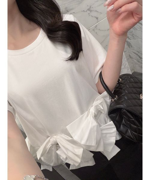 SNIDEL(スナイデル)の「【ZOZO/USAGI ONLINE限定】リボンドッキングTシャツ(Tシャツ/カットソー・レディース・ホワイト/その他/ブラック/ネイビー・F)」の2枚目の写真