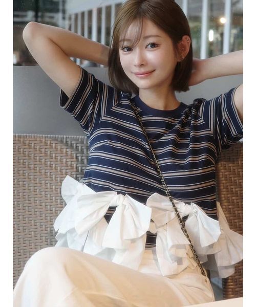 SNIDEL(スナイデル)の「【ZOZO/USAGI ONLINE限定】リボンドッキングTシャツ(Tシャツ/カットソー・レディース・ホワイト/その他/ブラック/ネイビー・F)」の4枚目の写真