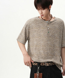 【neos】ヘンリーネック ニットソー 半袖 杢調 Tシャツ メンズ レディース オーバーサイズ メランジ カットソー ユニセックス 韓国ファッション