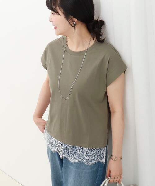 MICO COULIER(ミコクリエ)の「《接触冷感》《吸水速乾》DRY COTTON裾レースTシャツ(Tシャツ/カットソー・レディース・オリーブ/ベージュ/ブラック/オフホワイト・38)」の4枚目の写真