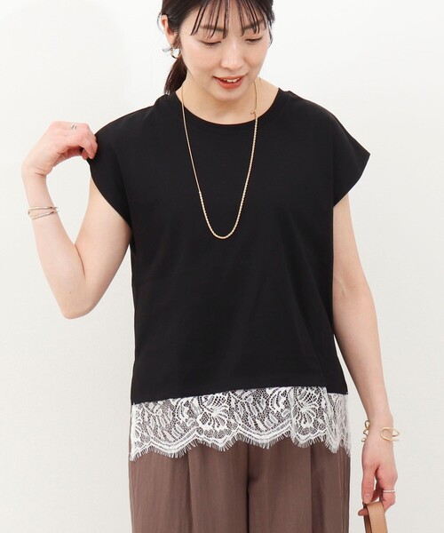 MICO COULIER(ミコクリエ)の「《接触冷感》《吸水速乾》DRY COTTON裾レースTシャツ(Tシャツ/カットソー・レディース・オリーブ/ベージュ/ブラック/オフホワイト・38)」の1枚目の写真