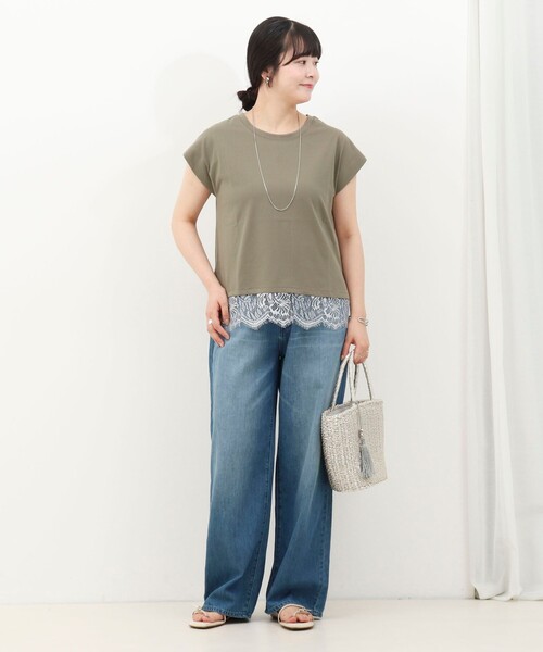 MICO COULIER(ミコクリエ)の「《接触冷感》《吸水速乾》DRY COTTON裾レースTシャツ(Tシャツ/カットソー・レディース・オリーブ/ベージュ/ブラック/オフホワイト・38)」の5枚目の写真