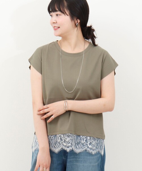 MICO COULIER(ミコクリエ)の「《接触冷感》《吸水速乾》DRY COTTON裾レースTシャツ(Tシャツ/カットソー・レディース・オリーブ/ベージュ/ブラック/オフホワイト・38)」の6枚目の写真