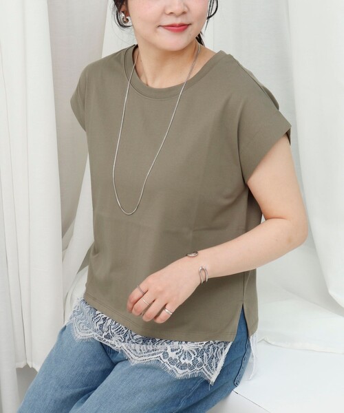 MICO COULIER(ミコクリエ)の「《接触冷感》《吸水速乾》DRY COTTON裾レースTシャツ(Tシャツ/カットソー・レディース・オリーブ/ベージュ/ブラック/オフホワイト・38)」の12枚目の写真