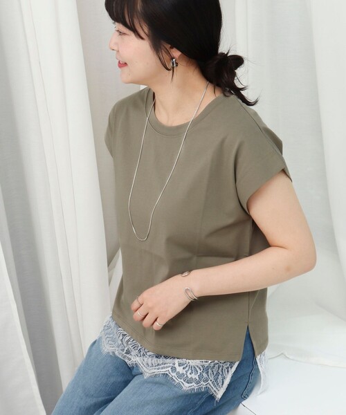 MICO COULIER(ミコクリエ)の「《接触冷感》《吸水速乾》DRY COTTON裾レースTシャツ(Tシャツ/カットソー・レディース・オリーブ/ベージュ/ブラック/オフホワイト・38)」の13枚目の写真