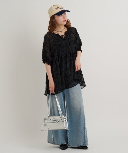 w closet(ダブルクローゼット)の「ドビードットチュニック シアーシャツ(シャツ/ブラウス・レディース・グリーン/ブラック/オフホワイト・FREE)」の19枚目の写真
