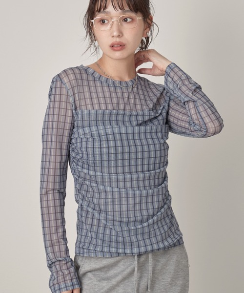 OFROOM(オフルーム)の「Check Sheer Tulle Top|チェックシアーチュールトップス(Tシャツ/カットソー・レディース・イエロー/グレイッシュブルー・FREE)」の1枚目の写真