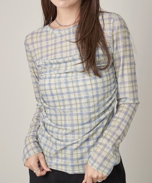 OFROOM(オフルーム)の「Check Sheer Tulle Top|チェックシアーチュールトップス(Tシャツ/カットソー・レディース・イエロー/グレイッシュブルー・FREE)」の2枚目の写真