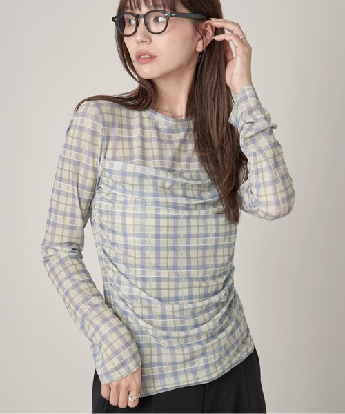 OFROOM(オフルーム)の「Check Sheer Tulle Top|チェックシアーチュールトップス(Tシャツ/カットソー・レディース・イエロー/グレイッシュブルー・FREE)」の8枚目の写真