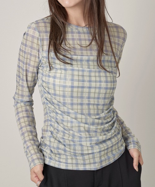 OFROOM(オフルーム)の「Check Sheer Tulle Top|チェックシアーチュールトップス(Tシャツ/カットソー・レディース・イエロー/グレイッシュブルー・FREE)」の9枚目の写真