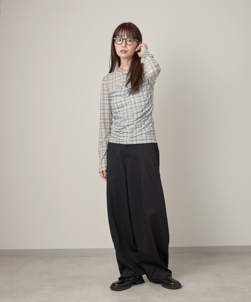 OFROOM(オフルーム)の「Check Sheer Tulle Top|チェックシアーチュールトップス(Tシャツ/カットソー・レディース・イエロー/グレイッシュブルー・FREE)」の14枚目の写真