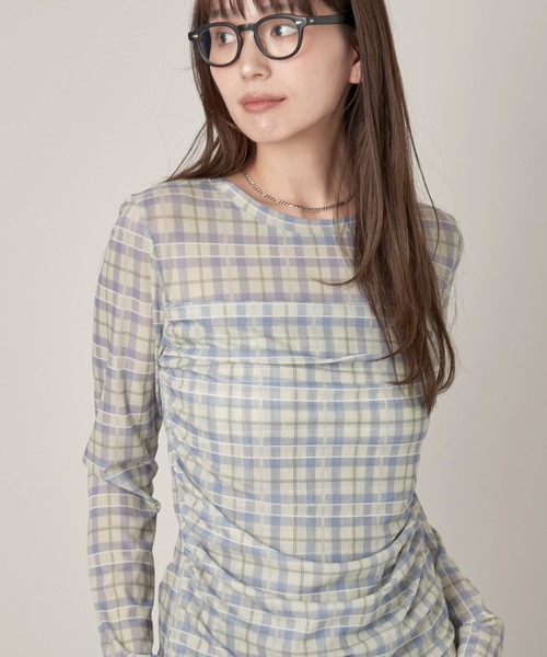 OFROOM(オフルーム)の「Check Sheer Tulle Top|チェックシアーチュールトップス(Tシャツ/カットソー・レディース・イエロー/グレイッシュブルー・FREE)」の11枚目の写真