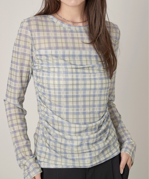 OFROOM(オフルーム)の「Check Sheer Tulle Top|チェックシアーチュールトップス(Tシャツ/カットソー・レディース・イエロー/グレイッシュブルー・FREE)」の15枚目の写真