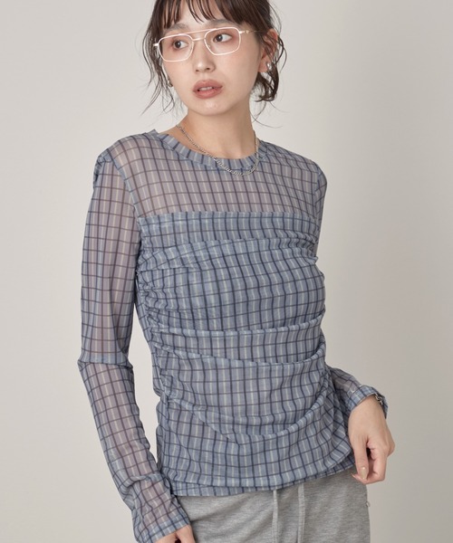 OFROOM(オフルーム)の「Check Sheer Tulle Top|チェックシアーチュールトップス(Tシャツ/カットソー・レディース・イエロー/グレイッシュブルー・FREE)」の5枚目の写真