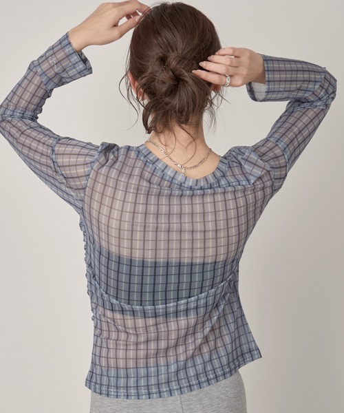 OFROOM(オフルーム)の「Check Sheer Tulle Top|チェックシアーチュールトップス(Tシャツ/カットソー・レディース・イエロー/グレイッシュブルー・FREE)」の6枚目の写真
