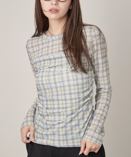 OFROOM(オフルーム)の「Check Sheer Tulle Top|チェックシアーチュールトップス(Tシャツ/カットソー・レディース・イエロー/グレイッシュブルー・FREE)」の4枚目の写真