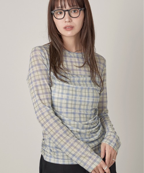 OFROOM(オフルーム)の「Check Sheer Tulle Top|チェックシアーチュールトップス(Tシャツ/カットソー・レディース・イエロー/グレイッシュブルー・FREE)」の19枚目の写真
