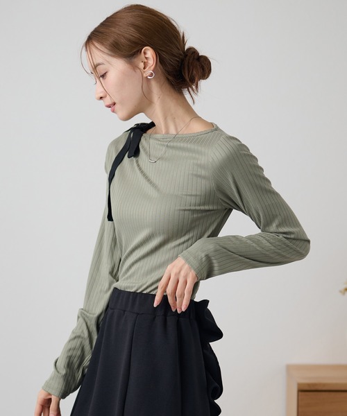 DAYRA(デイラ)の「配色 ハトメ 肩リボン リブ トップス(Tシャツ/カットソー・レディース・チャコールグレー/ブラック/グリーン・FREE/S)」の20枚目の写真