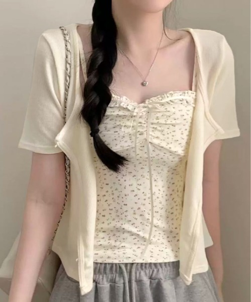 kirakiraShop(キラキラショップ)の「【2点セット】半袖 カーディガン&小花柄 キャミソール(キャミソール・レディース・イエロー/ピンク/ブルー/クリーム・FREE)」の6枚目の写真