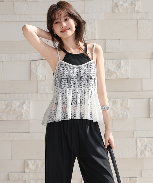 TeddyShop（テディショップ）の「【大きいサイズ有】ペプラムレーストップス+クロップド丈リブハイネックビキニ+ロングワイドラッシュパンツ 4点セット レディース水着（水着・レディース・ブラック/ホワイト・LL/L/M/S）」の9枚目の写真