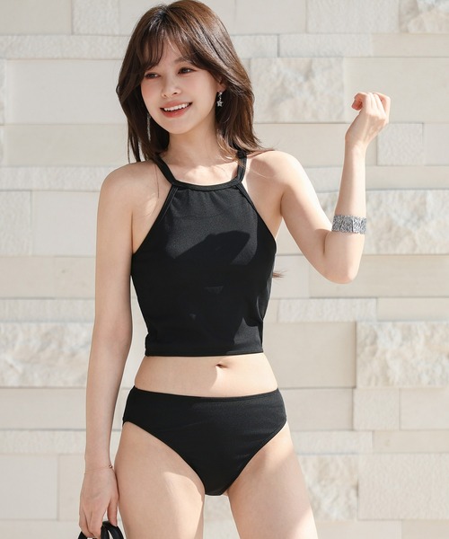 TeddyShop（テディショップ）の「【大きいサイズ有】ペプラムレーストップス+クロップド丈リブハイネックビキニ+ロングワイドラッシュパンツ 4点セット レディース水着（水着・レディース・ブラック/ホワイト・LL/L/M/S）」の13枚目の写真