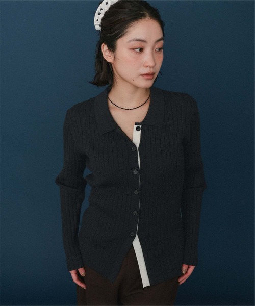 miette(ミエット)の「襟付きランダムリブ配色ニットカーディガン(カーディガン/ボレロ・レディース・ブラウン/グレー/アイボリー/ブラック・FREE)」の1枚目の写真