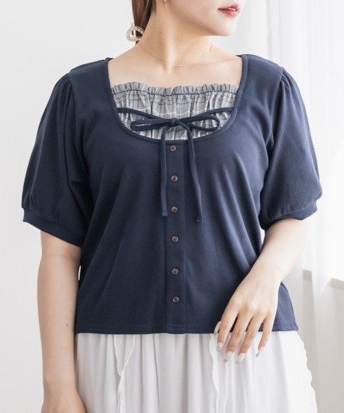 CLETTE(クレット)の「CLETTEオリジナルチェック使いレイヤード風プルオーバー(Tシャツ/カットソー・レディース・ネイビー/ブラック/ブルー・4L/3L/LL)」の3枚目の写真