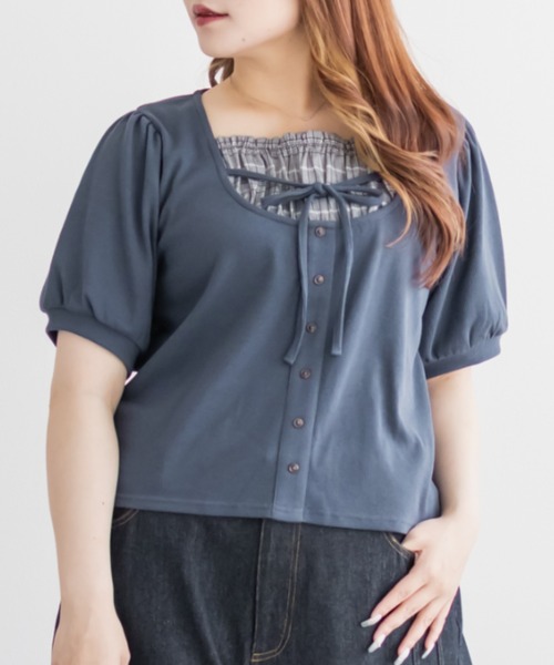 CLETTE(クレット)の「CLETTEオリジナルチェック使いレイヤード風プルオーバー(Tシャツ/カットソー・レディース・ネイビー/ブラック/ブルー・4L/3L/LL)」の2枚目の写真