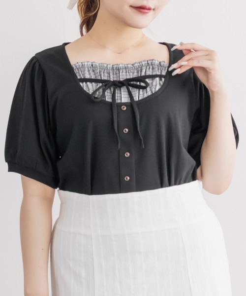 CLETTE(クレット)の「CLETTEオリジナルチェック使いレイヤード風プルオーバー(Tシャツ/カットソー・レディース・ネイビー/ブラック/ブルー・4L/3L/LL)」の1枚目の写真