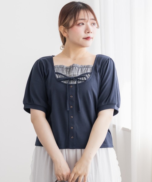 CLETTE(クレット)の「CLETTEオリジナルチェック使いレイヤード風プルオーバー(Tシャツ/カットソー・レディース・ネイビー/ブラック/ブルー・4L/3L/LL)」の8枚目の写真