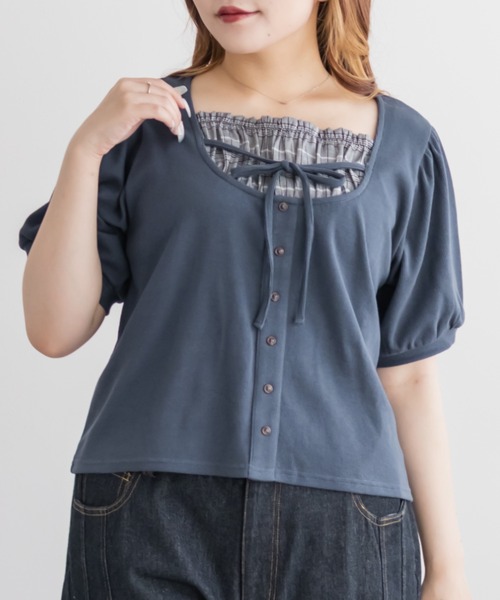 CLETTE(クレット)の「CLETTEオリジナルチェック使いレイヤード風プルオーバー(Tシャツ/カットソー・レディース・ネイビー/ブラック/ブルー・4L/3L/LL)」の11枚目の写真