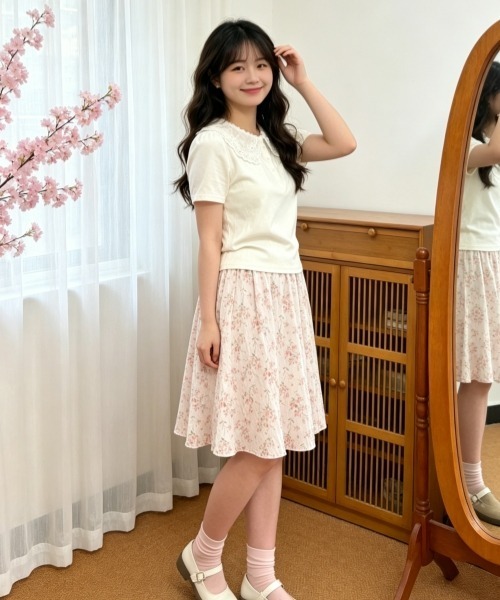 gossip!ロサンゼルス(ゴシップロサンゼルス)の「【Y2Kガーリー】レトロフラワー柄シフォンミディスカート Aライン ウエストゴム(スカート・レディース・ラベンダー/ライトイエロー/ライトピンク・FREE)」の15枚目の写真