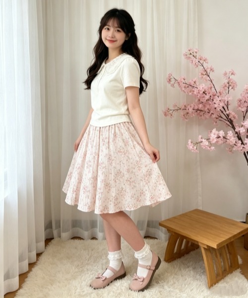 gossip!ロサンゼルス(ゴシップロサンゼルス)の「【Y2Kガーリー】レトロフラワー柄シフォンミディスカート Aライン ウエストゴム(スカート・レディース・ラベンダー/ライトイエロー/ライトピンク・FREE)」の14枚目の写真