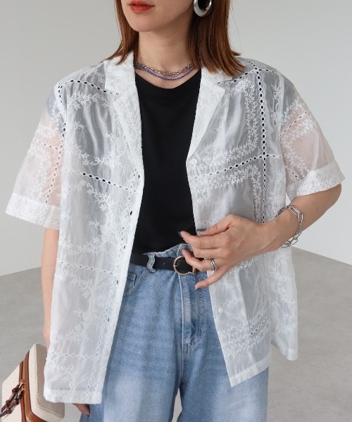 zena(ジェナ)の「パッチワーク風総刺繍半袖シャツジャケット(シャツ/ブラウス・レディース・ホワイト/ブラック・FREE)」の11枚目の写真
